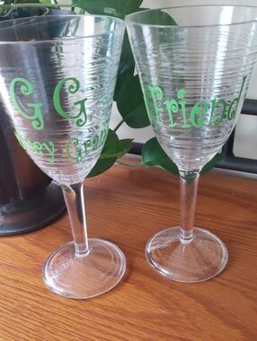 Fun Green Monogrammed Plastic Wine Glasses- Groovy Granny & And Friend